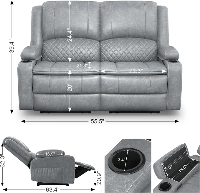 Yolsali Loveseat Recliner Sofa, Manual Reclining Loveseat with Removable Armrest, PU Leather Double Recliner for RV with 2-Tier Cushions, USB Charging Ports, Cup Holders - Gray PU