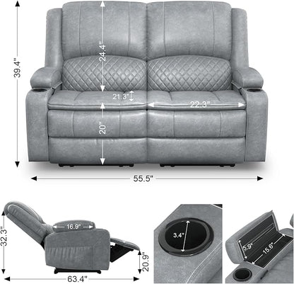 Yolsali Loveseat Recliner Sofa, Manual Reclining Loveseat with Removable Armrest, PU Leather Double Recliner for RV with 2-Tier Cushions, USB Charging Ports, Cup Holders - Gray PU
