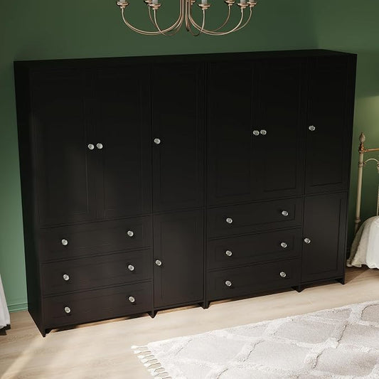 VOWNER Armoire Wardrobe Closet with Drawers and Mirror, 71" Clothing Storage Cabinet with Hanging Rod, 4 Doors Wooden Wardrobe Cabinet for Bedroom, Large Capacity Storage