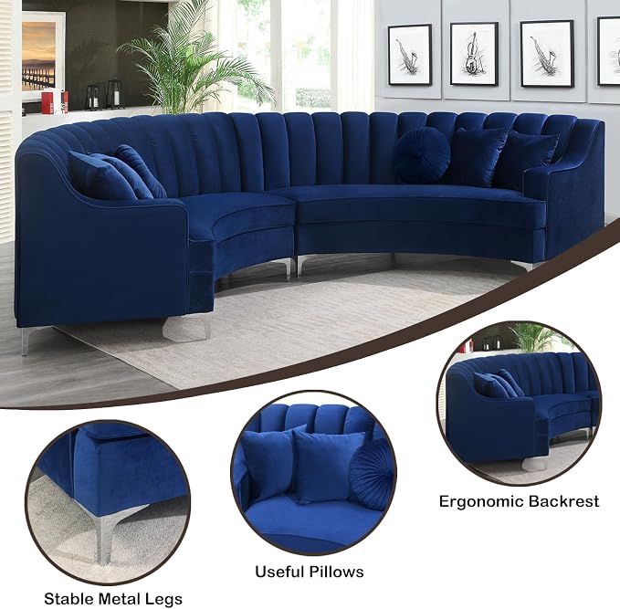 Legend Vansen Semicircle Modular Curved Velvet Sectional Sofa,141.34”Oversized Arc Sofa,Modern Cloud-Like Deep Seat Couch for Living Room Apartment Office Conference Space (2, Blue)