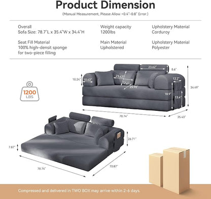 Upgrade High Backrest Design Sofa Bed with Fixed-Shape Frame & Removable Armrests and Backrest, Corduroy Fabric, Convertible Couch for Small Spaces - No Assembly Needed (Dark Gray)