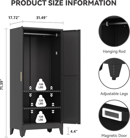 Baborokic Metal Armoire Wardrobe Closet with Hanging Rod,71H Metal Cabinet with Doors and Shelves,Freestanding Bedroom Armoire Closet,Storage Cabinets for Bedroom,Office,Laundry Room(Black)