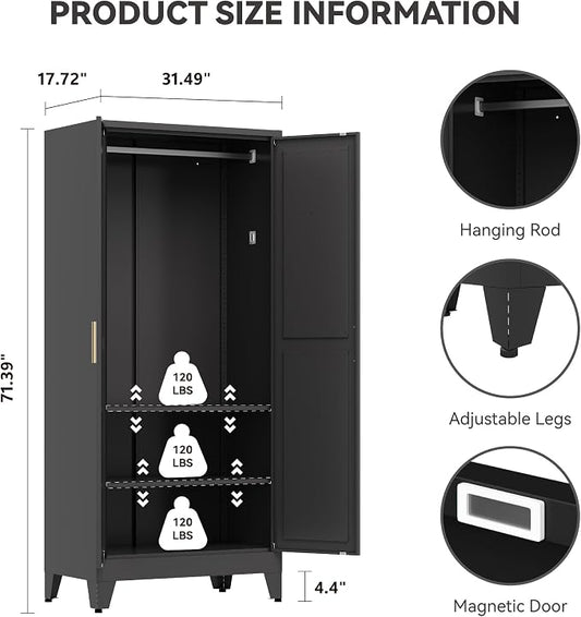 Baborokic Metal Armoire Wardrobe Closet with Hanging Rod,71H Metal Cabinet with Doors and Shelves,Freestanding Bedroom Armoire Closet,Storage Cabinets for Bedroom,Office,Laundry Room(Black)