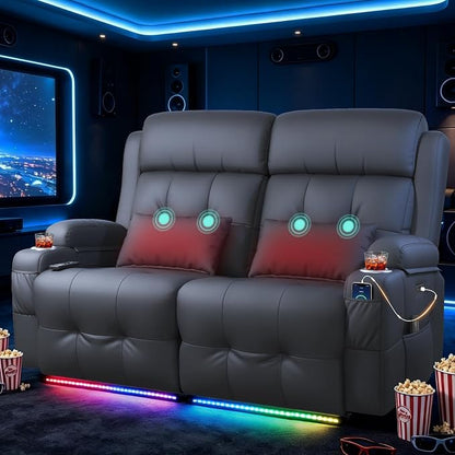 Power Reclining Loveseat with Massage & Heat,Wall Hugger Home Theater Seating with LED Lights,USB & Type-C Ports, Ideal for RV, Home Theater and Game Room,Gray,2 Seats