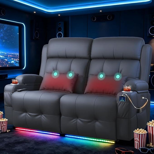 Power Reclining Loveseat with Massage & Heat,Wall Hugger Home Theater Seating with LED Lights,USB & Type-C Ports, Ideal for RV, Home Theater and Game Room,Gray,2 Seats