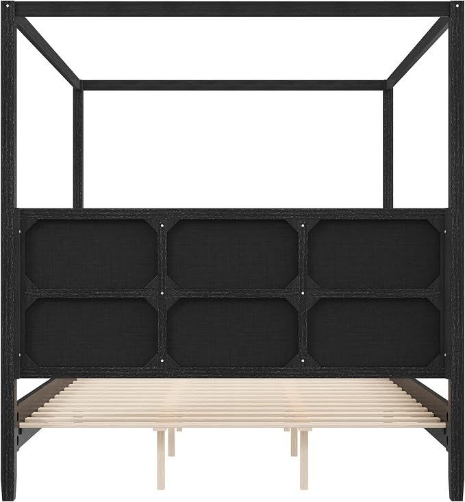 Merax Queen Size Canopy Bed with Upholstered Headboard, Wooden Platform Bed Frame with 4-Posters, Solid Wood Slat Support, No Box Spring Needed