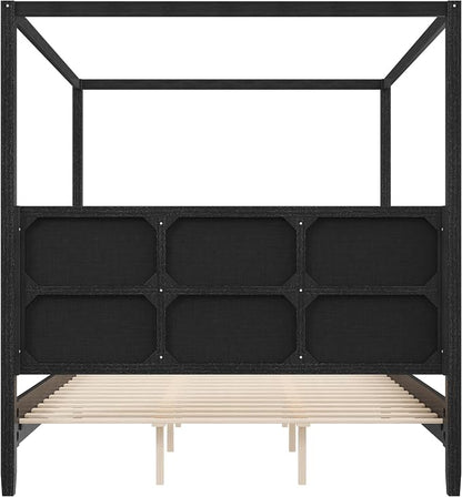 Merax Queen Size Canopy Bed with Upholstered Headboard, Wooden Platform Bed Frame with 4-Posters, Solid Wood Slat Support, No Box Spring Needed