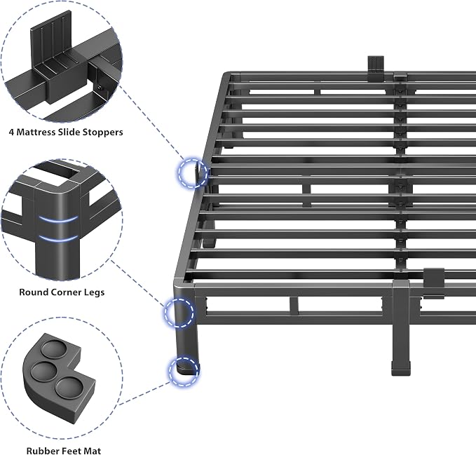 NKZ 7 Inch Queen Size Bed Frame, Metal Bed Frame & Box Spring 2 in 1 Platform with Round Corner Legs, 4000Lbs Heavy Duty Low-Profile Frame, Mattress Slide Stopper, Noise-Free, Easy Assembly