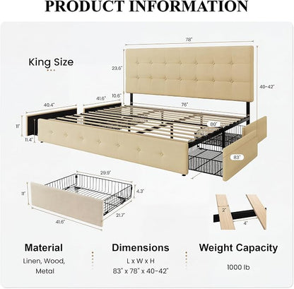SHA CERLIN Upholstered King Size Platform Bed Frame with 4 Storage Drawers, Adjustable Headboard with Square Stitched Button Tufted Design, Wooden Slat Support, No Box Spring Needed, Beige
