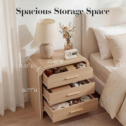 Night Stand Set of 2 [Unique Curved Profile] [FSC-Certified Wooden Board] 3-Drawer Nightstand 26.7" H Metal Handle Modern Sturdy Bedside Table Side Table End Table