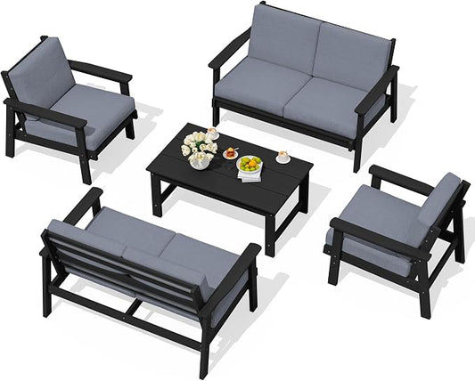 SERWALL HDPE Patio Furniture Set, 5 Piece All Weather Wood-Like Sectional Outdoor Furniture Set for Deck, Lawn, Black Patio Sofa Couch with Grey Cushions