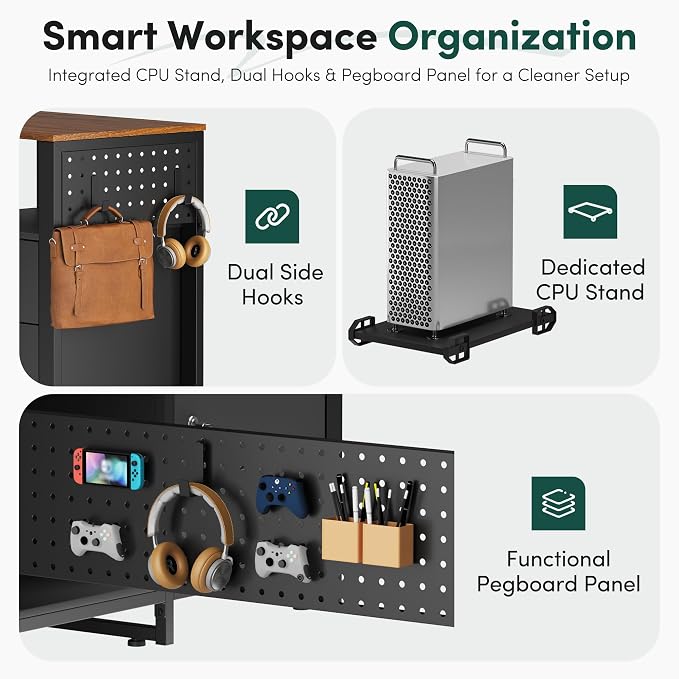 MALOL 70.3" L-Shaped Office Desk, Reversible L-Shaped Computer Desk with Power Outlet, Large Executive Desk with Locked File Drawers & Storage Shelves, Pegboard, Mobile CPU Stand, Modern Corner Desk