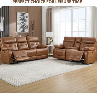 CANMOV Genuine Leather Power Reclining Sofa Set, Power Recliner Sofa and Loveseat Set, 2 Pieces Leather Couch with Storage Console, USB Ports, Cup Holders for Living Room,Brown