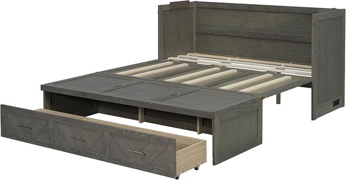 Bellemave Queen Size Murphy Bed with Charging Station and Storage, Farmhouse Murphy Bed with Foldable Panel for Guest Bedroom, Living Room, Office, Grey