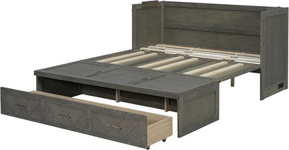 Bellemave Queen Size Murphy Bed with Charging Station and Storage, Farmhouse Murphy Bed with Foldable Panel for Guest Bedroom, Living Room, Office, Grey