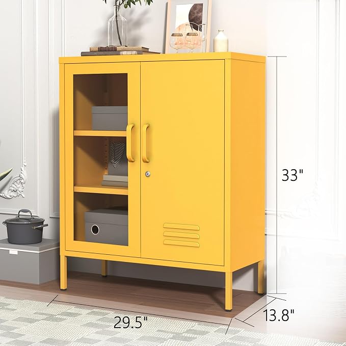 Metal Cabinet Metal Bathroom Storage Cabinet Metal Storage Cabinets with Glass Door and Adjustable Shelves Cabinet Storage for Coffee Bar for Homes, Living Rooms and Offices Yellow 33''H