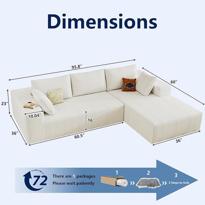 96" Modular Sectional Sofa, Modern Corduroy Cloud Couch with Deep Seat, Boneless Couch Upholstered 3-Seater L-Shaped Sofa for Living Room, No Assembly Required (White, Right-Facing Chaise)