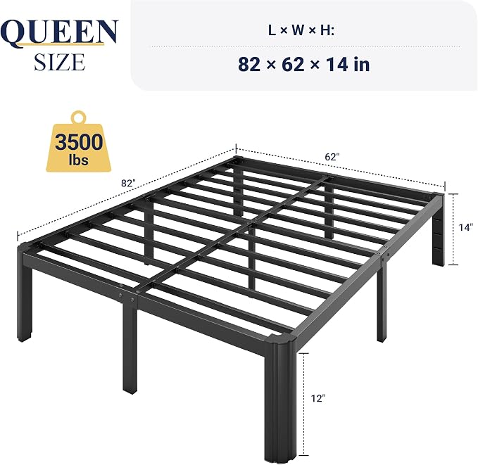 Allewie Metal Queen Bed Frame, 14 Inch 3500LBS Heavy Duty Platform Bed with Rounded Corner & Under Bed Storage, No Box Spring Needed, Noise Free, Easy Assembly, Black