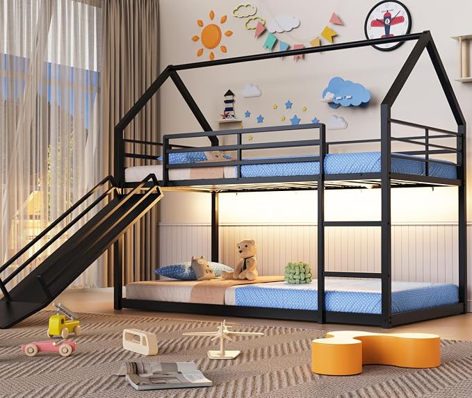Twin Over Twin Bunk Bed with Slide 40° Gentle-Slope & LED Light, House-Shaped Low Bunk Bed Twin Size with 13.4" Extra-Tall Guardrail & Ladder, Heavy Duty, No Box Spring Needed, Easy Assembly, Black