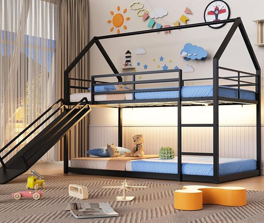 Twin Over Twin Bunk Bed with Slide 40° Gentle-Slope & LED Light, House-Shaped Low Bunk Bed Twin Size with 13.4" Extra-Tall Guardrail & Ladder, Heavy Duty, No Box Spring Needed, Easy Assembly, Black