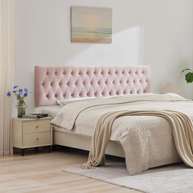 Tufted Upholstered King Size Bed Headboard in Modern Button Design, Adjustable Solid Wood Head Board, Premium Velvet Fabric Padded Headboards in Bedroom (Pink)