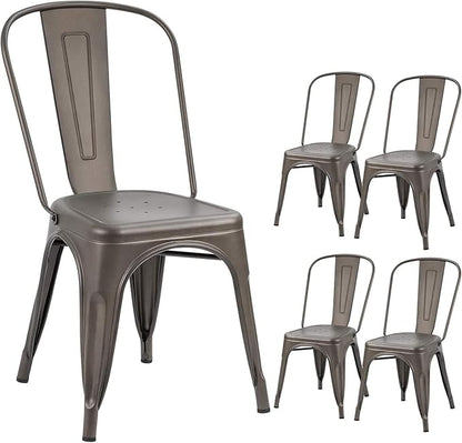 Devoko Metal Indoor-Outdoor Chairs Distressed Style Kitchen Dining Chairs Stackable Side Chair with Back Set of 4 (Gun)