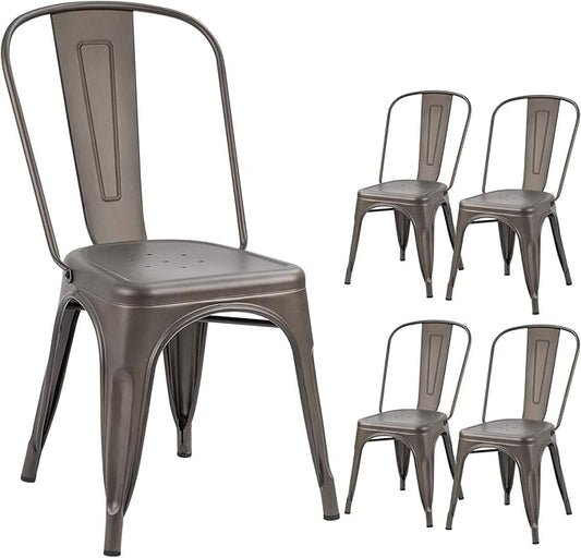 Devoko Metal Indoor-Outdoor Chairs Distressed Style Kitchen Dining Chairs Stackable Side Chair with Back Set of 4 (Gun)