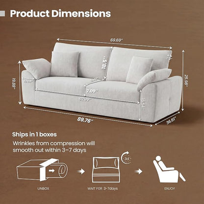 90" Boneless Loveseat Sofa, Polyester Fabric 2-Seater Couch with 4 Pillows, No Assembly Required, Soft High Density Foam Cushion, Rectangular Track Arm Sofa for Living Room Bedroom Apartment (Beige)