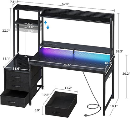 Casaottima 48 Inch Gaming Desk with Hutch & 3 Fabric Drawers, Computer Desk with USB Ports & LED Lights, Reversible Pc Gamer Table with Monitor Stand for Home Office, Carbon Fiber Black