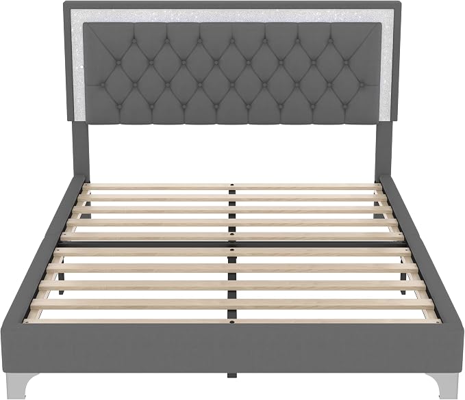 Merax 3 Pieces Bedroom Set, Queen Size Upholstered Platform Bed Frame with LED Lights and 2 Nightstands,Farmhouse Bedroom Furniture Set,Gray