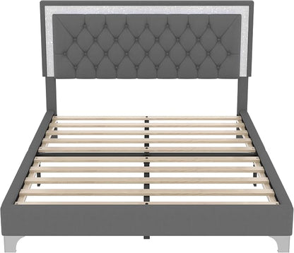 Merax 3 Pieces Bedroom Set, Queen Size Upholstered Platform Bed Frame with LED Lights and 2 Nightstands,Farmhouse Bedroom Furniture Set,Gray