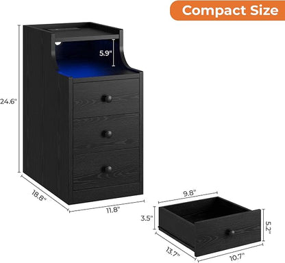 LIKIMIO Narrow Nightstand with Charging Station and LED Lights, Modern Night Stand, End Table with 3 Drawers, Open Shelf, Side Table for Living Room/Bedroom, Black
