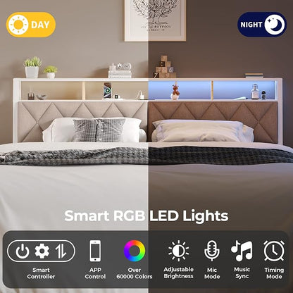 Full Headboard Only, Headboard for Full Size Bed with Storage, Upholstered Headboards with LED Lights & Charging Station, Attach Frame, Ideal for Bedroom/Dorm/Guest Room, White & Beige