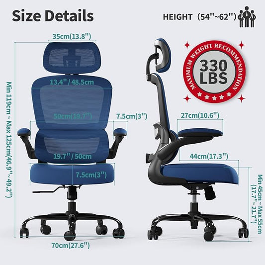 TRALT Office Chair Ergonomic Desk Chair, 330 LBS Home Mesh Office Desk Chairs with Wheels, Comfortable Gaming Chairs (1, Dark Blue)