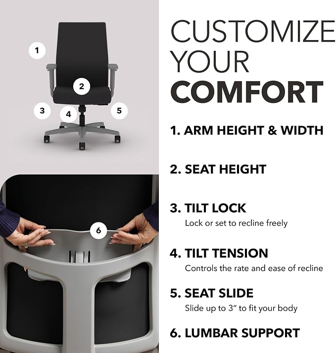HON Ignition 2.0 Mid‑Back Ergonomic Office Chair, Mesh Task Desk Chair with Lumbar Support, Standard Synchro‑Tilt, Height and Width Adjustable Arms, Titanium Frame, Onyx