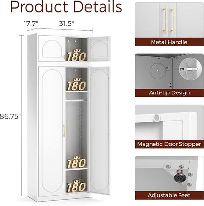 Metal Armoire Wardrobe Closet with Doors, 86" Tall Wardrobe Cabinet with Hanging Rod and Adjustable Shelves, White Clothing Storage Cabinets for Bedroom, Home Office
