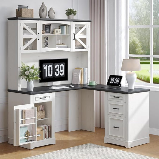 ONBRILL 72" L-Shaped Executive Desk with Hutch, Farmhouse L-Shaped Computer Desk with 4 Drawers, File Drawer and Power Outlet, Home Office Computer Desk for Living Room,Study Room (Off White& Black)