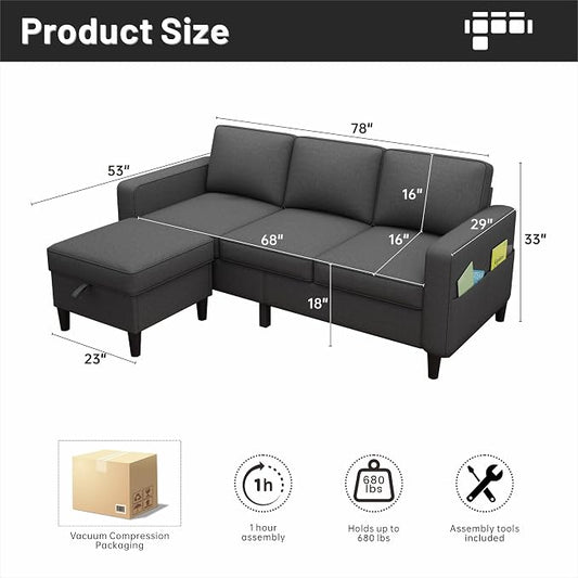 78" Sectional Sofa Couches for Living Room, 3 Seat L Shaped Convertible Couch with Storage Ottoman, Comfortable Pet-Friendly Linen Fabric Sofa Set for Small Space, Apartment, Office, Dark Grey