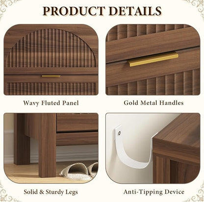 YOMILUVE Shoe Storage Cabinet for Entryway, Fluted Shoe Cabinet with 2 Flip Drawers, Hidden Shoe Rack Slim Freestanding Shoe Organizer with Legs for Hallway, Walnut