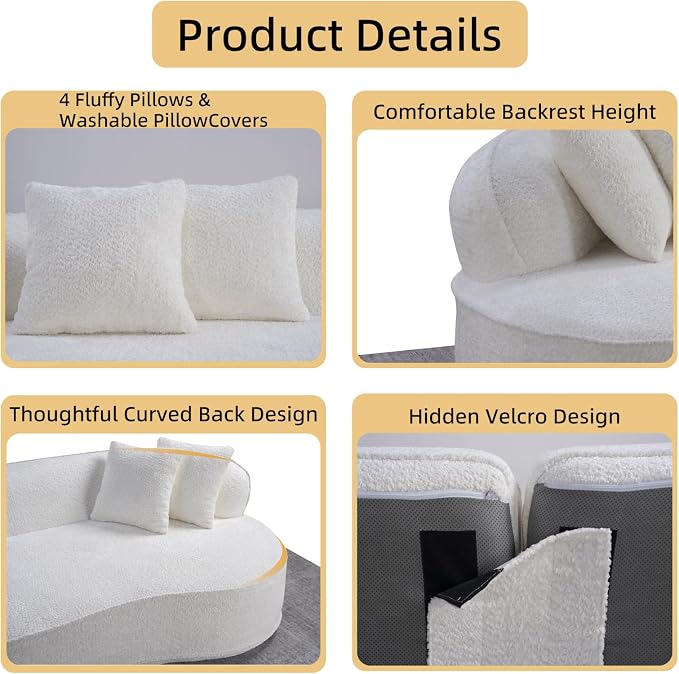 114" Curved Sectional Sofa Couch，4 Seater Oversized Boneless Cloud Couch with 4 Throw Pillows，Modern Round Couch Sofa，Comfy Deep Seat Chenille Memory Foam Sofa for Living Room (CreamWhite, 114.2 Inch)