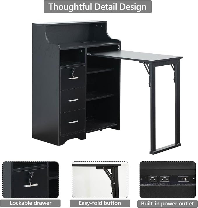 Folding Desk with Storage,Hidden Desk with Lockable Drawers & Shelves, Built-in Power Outlet,Fold Out Desk for Study and Home Office