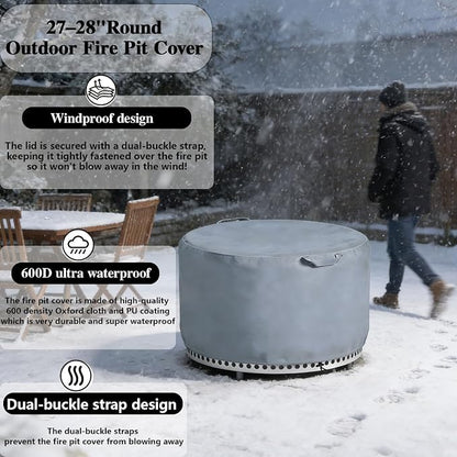 Chinchilla Fire Pit Cover Round for Solo Stove Yukon 27", Waterproof 600D Heavy Duty Tear Resistant Oxford Fabric, UV Resistant, Fits 27"-28" Gas/Table/Bowl Fire Pits, Grey
