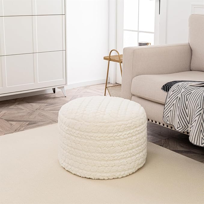 Round Pouf Ottoman 20 x 20 x 14 Inches Boho Poof Home Decor Floor Pouffe Ottoman Foot Rest for Couch Sofa Bean Bag Chairs Living Room Bedroom (Cream)