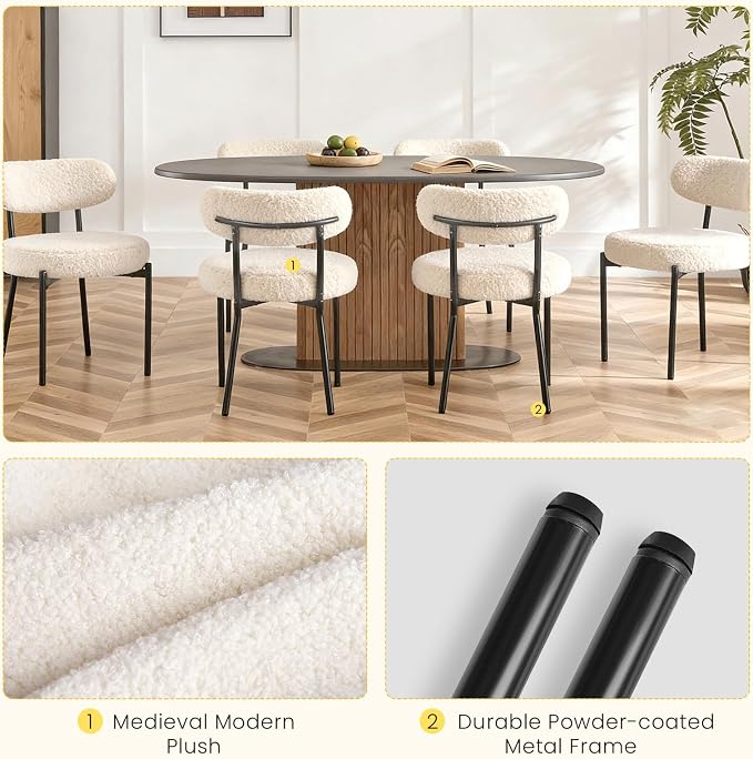 DUMOS Dining Chairs Set of 6, Mid Century Modern Chair Round Upholstered Curved Backrest, Kitchen Vanity Living Room Chairs with Black Metal Legs，Classic Beige
