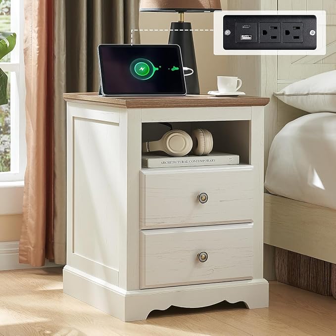 AMERLIFE 3 Piece Bedroom Set, Including Farmhouse Queen Size Bed Frame with 4 Drawers, Nightstands Set of 2 with Charging Station for Bedroom, White