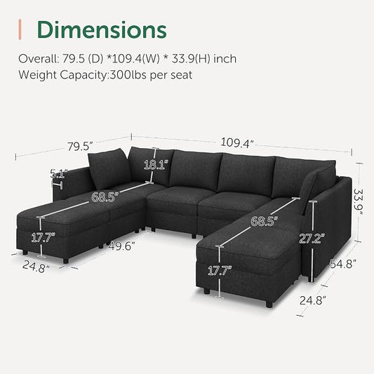 HONBAY Modular Sectional Sofa Couch with Storage, Modern U Shaped Sectional Sofa, Convertible Couches for Living Room - Linen Grey