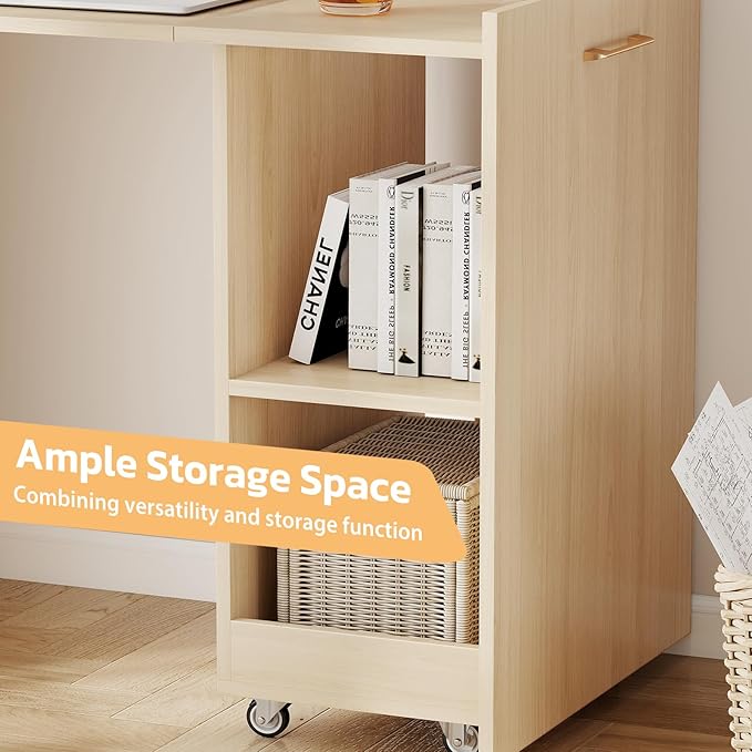 Zevemomo Folding Desk with Storage, Convertible Table with Shelves & Wheels, Craft Cabinet with Fold Out Table, Compact Computer Desk for Small Space, Reversible L Shaped Desk - Beige
