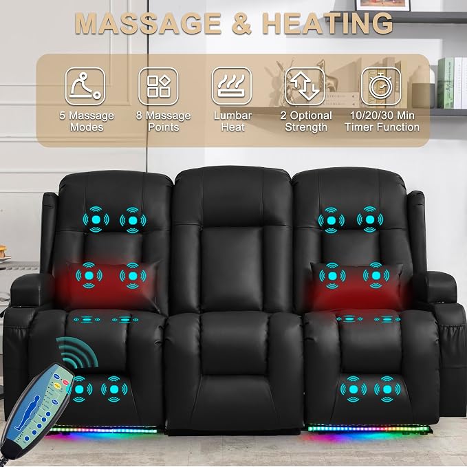 URRED Power Loveseat Recliner Sofa with Massage and Heat, Wall Hugger Reclining Loveseat with Console, RV Couch Home Theater Seating with LED Lights for Living Room (Black, 76.8" - 3 Seats)