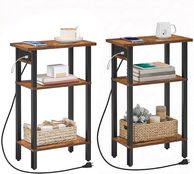 HOOBRO Narrow Side Table, Set of 2, 3-Tier Slim End Table with Charging Station, Skinny Nightstand with Open Storage, for Small Spaces, Living Room, Bedroom, Study, Rustic Brown and Black BF340UBZP201