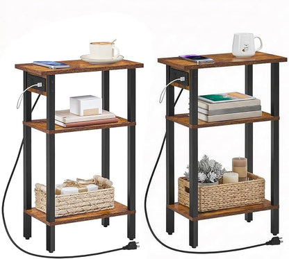 HOOBRO Narrow Side Table, Set of 2, 3-Tier Slim End Table with Charging Station, Skinny Nightstand with Open Storage, for Small Spaces, Living Room, Bedroom, Study, Rustic Brown and Black BF340UBZP201